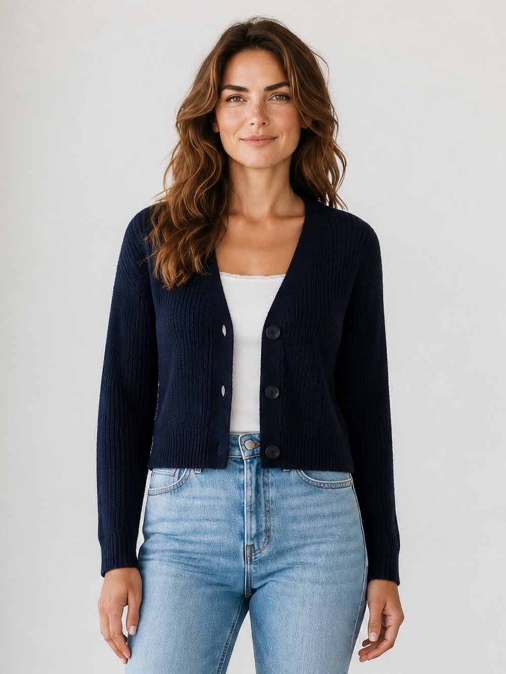 No Boundaries Navy Ribbed V-Neck Button Cardigan - Picture 10 of 10